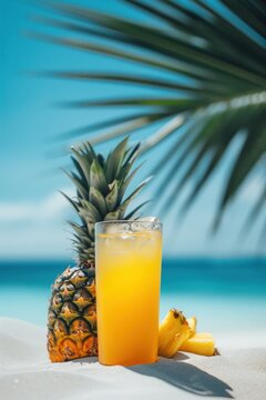 Tropical freshness pineapple juice on sunny sand beach under palm shadow. Cold summer popular beverage with ice for best vacation. Close up.