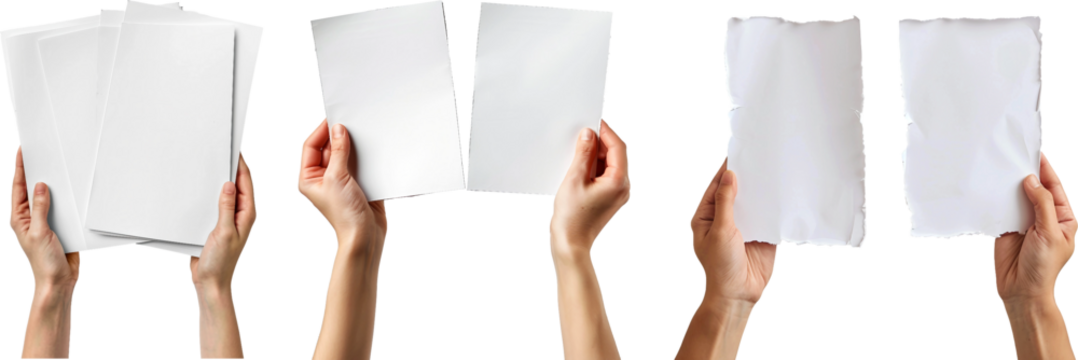 Hand holding slip of paper mockup isolated on white background