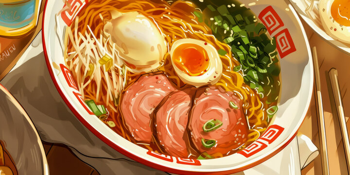 close up of a bowl of ramen, cartoon style