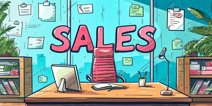 write SALES in sales department office background