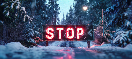 write STOP in ARROW in snow road - obrazy, fototapety, plakaty