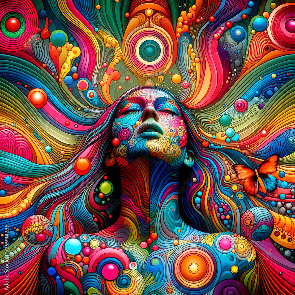 Poster abstract colorful background with beautiful female figure. 3d rendering. computer digital drawing.