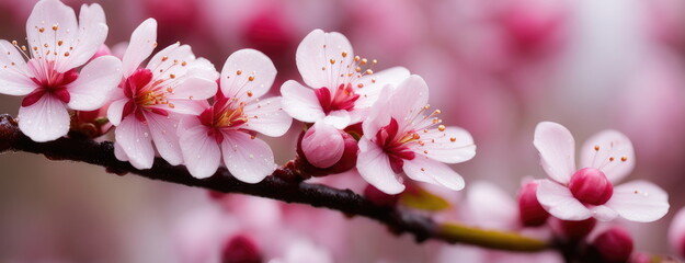 Panoramic view of delicate cherry blossoms with water droplets