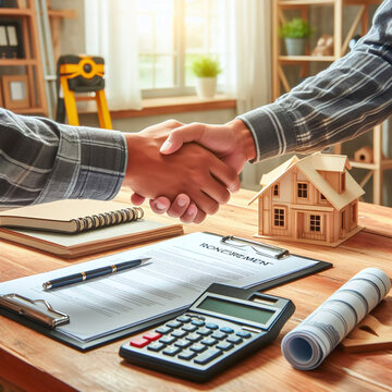 Real estate agent shaking hands with customer after signing contract. House insurance concept.