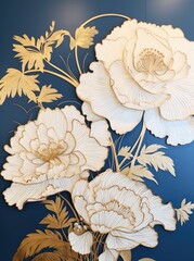 A painting of white flowers displayed on a blue wall. The artwork showcases delicate petals and stems in a realistic style.