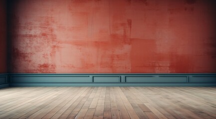 a red wall with blue trim and wood floor - obrazy, fototapety, plakaty