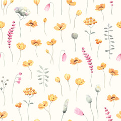 Blossom meadow with abstract yellow and pink flowers, seamless floral pattern, delicate illustration on ivory background for your design textile or wallpapers. - 739994692