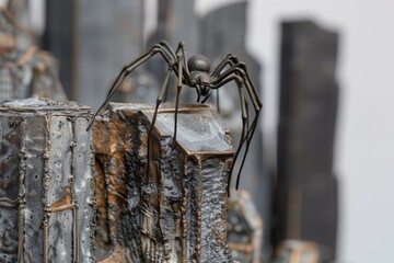 closeup of a spider on a metal city sculpture