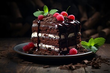 a piece of chocolate cake with raspberries and mint leaves on a plate