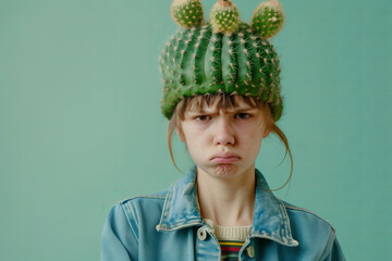 funny conceptual photo of an angry and sad teenager with a cactus on his head, isolated on a pastel green background. prickly like a cactus. 