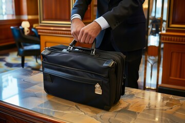 business traveler placing a briefcase on a hotel desk - obrazy, fototapety, plakaty