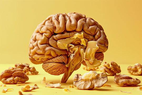 creative image of a brain in the form of a walnut in a surreal modern pop art style. minimalism. pastel yellow background.