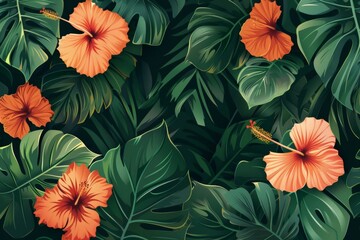 The jungle monstera palm leaves and tropical hibiscus flowers are placed in a minimalistic background. This design can be applied to fabric, prints, covers, banners, decorations, and wallpaper