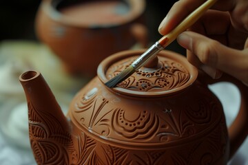closeup of a hand painting intricate designs on a clay teapot
