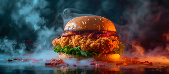 a chicken burger with smoke coming out of it