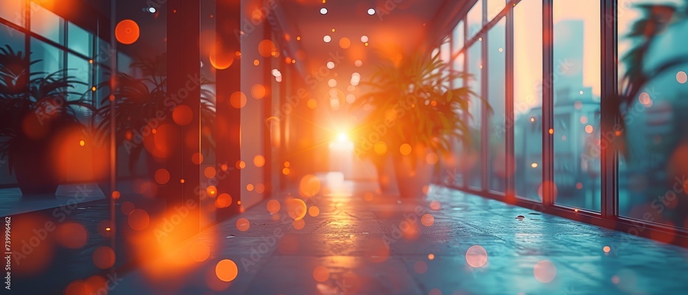 Poster decorative background with blurred open office space and abstract light bokeh.