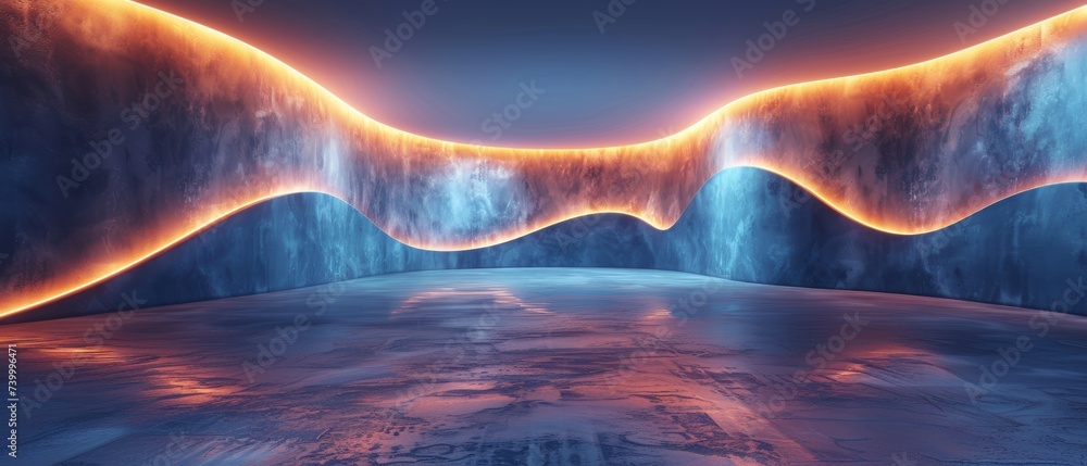Poster A 3D render of an abstract minimal neon background with glowing wavy lines. Illuminated dark wall. Blue futuristic wallpaper.