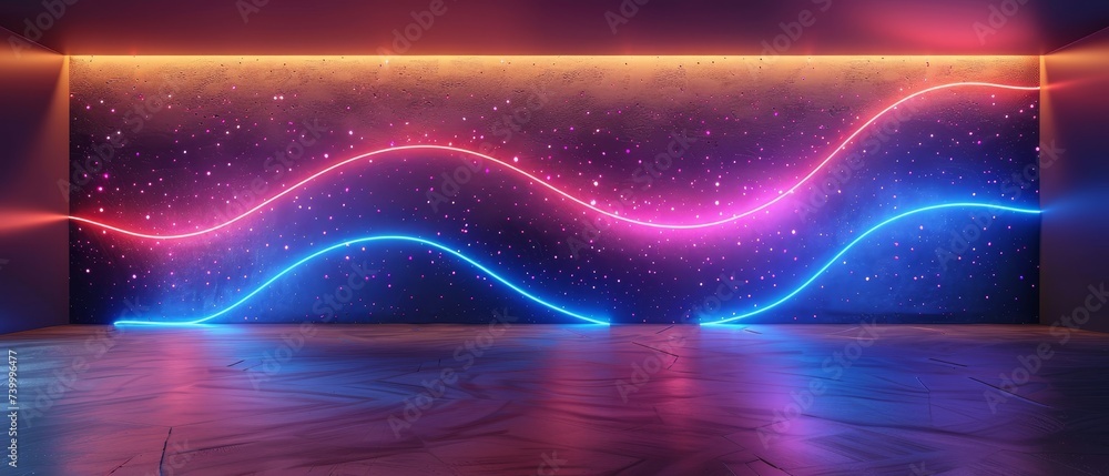 Poster in 3d, an abstract minimal neon background with glowing wavy lines. dark wall illuminated by led bul