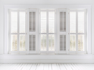 a room with white shutters