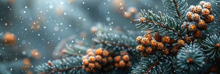 Soft, fluffy, white snow on a pine branch texture, Background Image, Background For Banner - obrazy, fototapety, plakaty