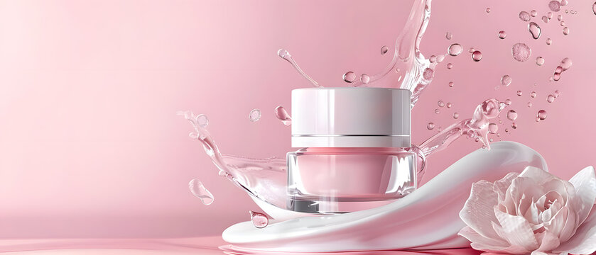 Pink bottle of perfume with a flower, cosmatic banner 
