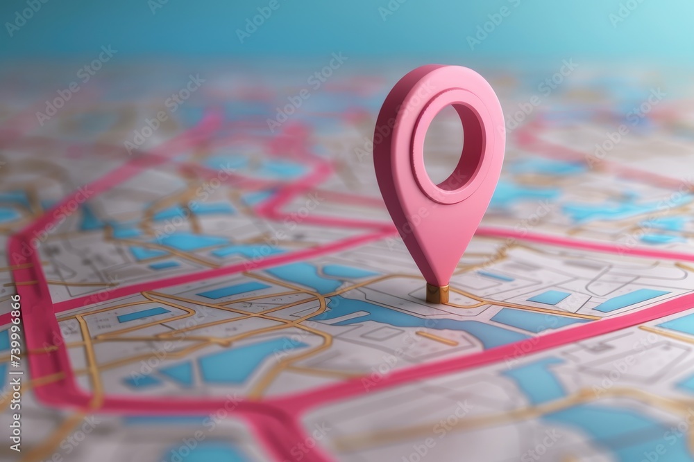 Poster 3d map travel location. locator mark of map and location pin or navigation icon sign on background w