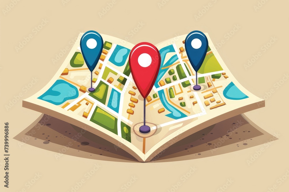 Poster 3d map travel location. locator mark of map and location pin or navigation icon sign on background w