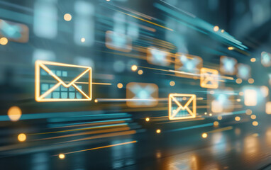Blurry abstract background with glowing email symbols. Email and sms marketing concept.