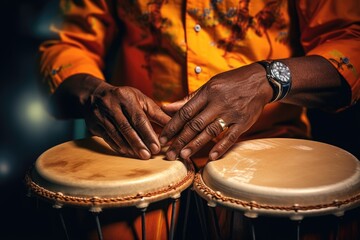Close up of musician hand playing bongo drums.
