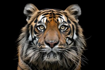 Fototapeta premium Front view of Sumatran tiger isolated on black background. Portrait of Sumatran tiger (Panthera tigris sumatrae)