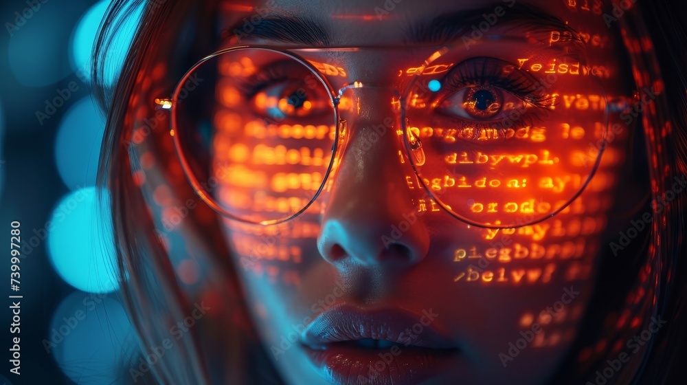Fototapete A woman with a hologram of data, analytics, IT, and GDPR overlays. Programmer coding or a cyber security expert in glasses reading HTML scripts.