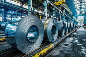 Rolls of galvanized steel sheet inside the factory or warehouse. Industrial production - obrazy, fototapety, plakaty