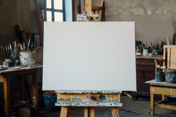 Blank canvas in a artist's studio. AI generative - obrazy, fototapety, plakaty