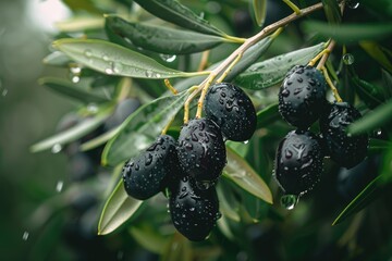 Ripe black olives on the tree with green leaves and water drops, close up view.