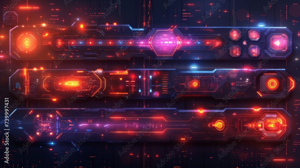 Poster technology banners collection in cyberpunk style. abstract sci-fi text boxes with glitched effects. 