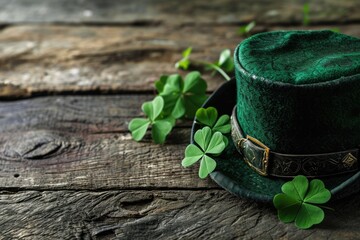 A green hat and four leaf clovers on a wood surface