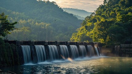 A dam with a hydroelectric power plant to the wooded countryside. Renewable energy concept