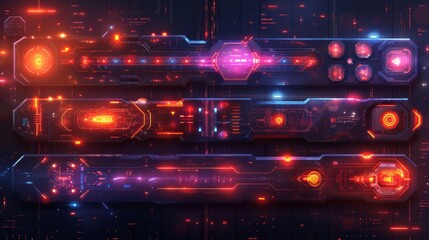 Technology banners collection in cyberpunk style. Abstract sci-fi text boxes with glitched effects. Futuristic hi-tech badges. Colorful glitchy backgrounds.  illustration.