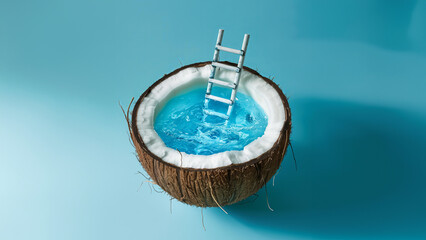  swimming pool with ladder inside half a coconut on a pastel blue background 