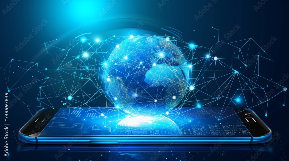 Poster Hologram earth consists of light dots. Abstract virtual hud elements over modern glass smartphone. Communication with world wide web via phone.
