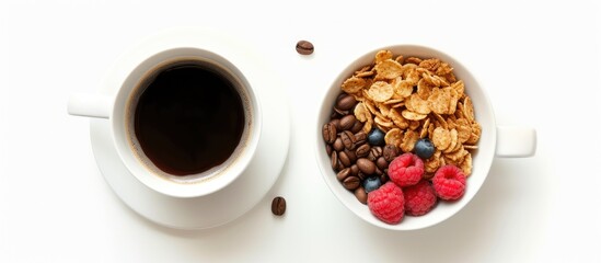 A white background showcases a cup of coffee and a bowl of cereal, providing a simple and inviting breakfast setup.