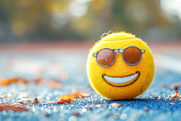 Fototapeta premium Funny sport composition with tennis ball in the form of smiley face like emoji in sunglasses against blurred background of tennis court. Concept of good mood and well-being from sports activities