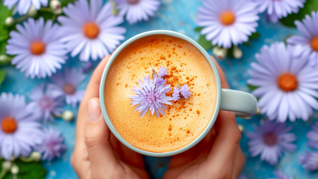 Female hands hold cup of chicory coffee alternative with blue flower, surrounded by floral accents, highlights healthy lifestyle choice, offering visually soothing and caffeine-free beverage option - Powered by Adobe