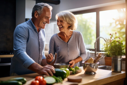 Caucasian married senior mature couple cooking in the kitchen