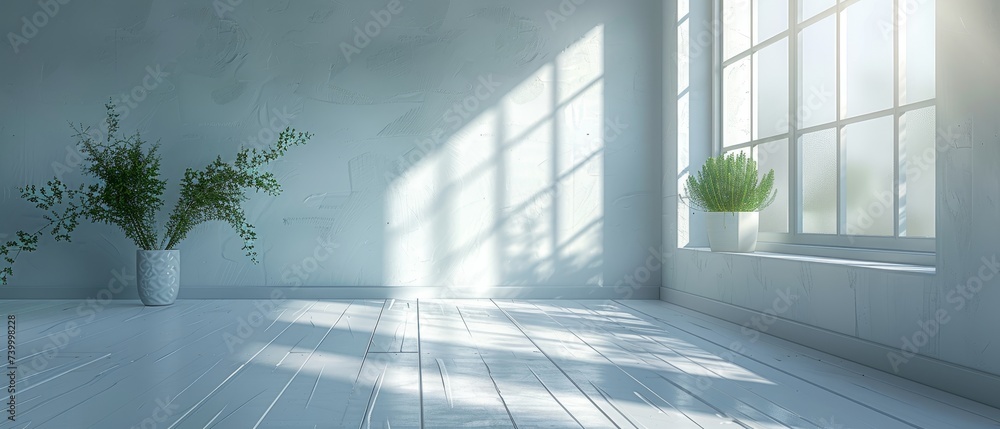 Poster An abstract white studio background for product presentation. An empty room with a shadowed window. Display product on a blurred background.