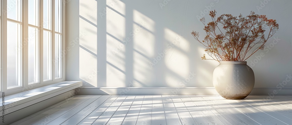 Poster Background with blurred backdrop for abstract white studio presentation. Empty room with shadows from the window.