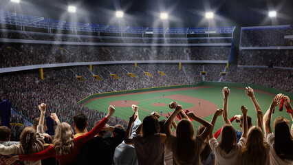 Back view of emotional people, football fans standing at crowded stadium during soccer match event...