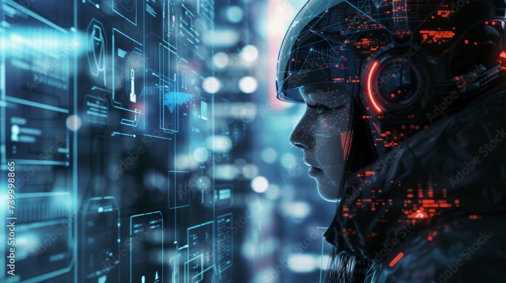 Poster Intelligent technology controls urban infrastructure via internet and a hud interface. IoT technology is a form of new technology in information and communication. It can be seen as a robot or cyborg