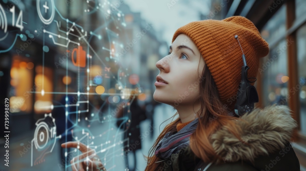 Poster IoT technology in information and communication technologies controls smart cities via internet and HUDS. Robot or cyborg woman with artificial intelligence.