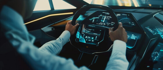 Hands grip the futuristic steering wheel of an autonomous car, a leap into tomorrow’s travel - obrazy, fototapety, plakaty